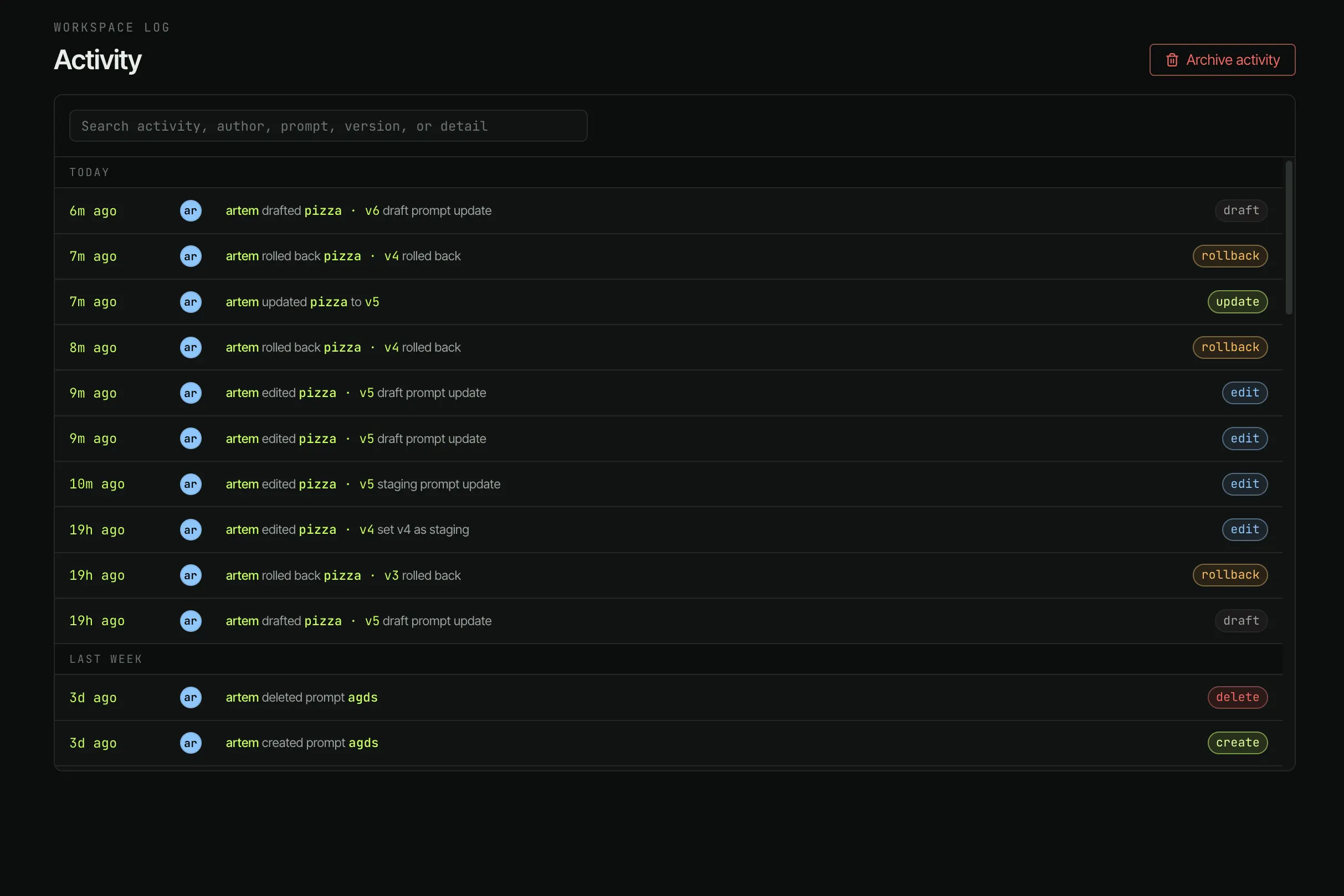 PromptVault dashboard - Activity Feed view