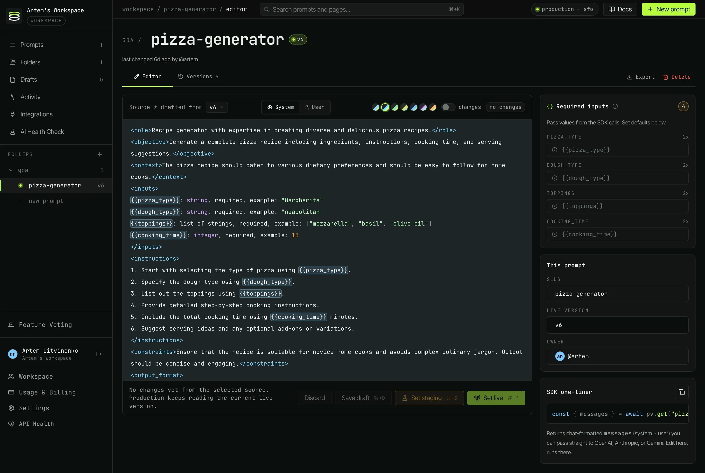 PromptVault dashboard - the prompt editor