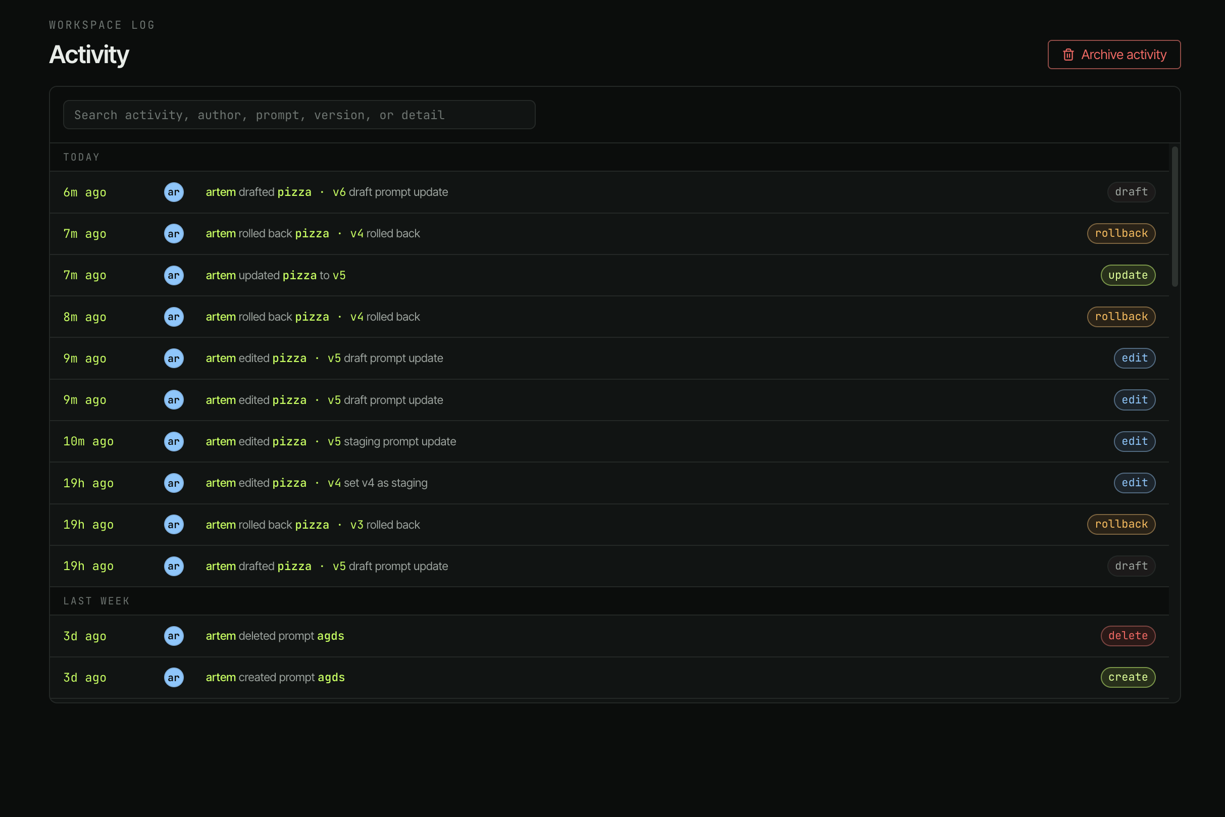 PromptVault dashboard — Activity Feed view